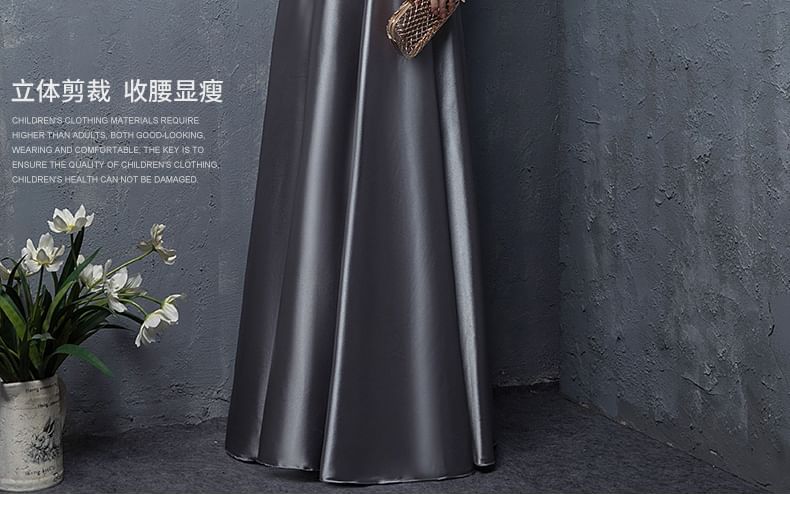 Elbow Sleeve Stand Collar Floral Embroidered Applique Panel Satin A-Line Evening Gown