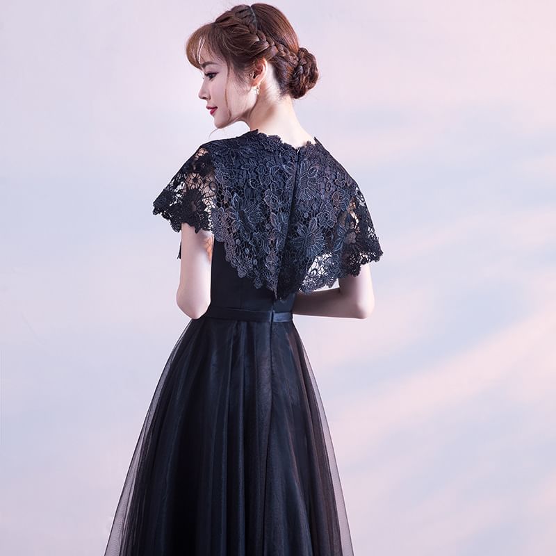 Neck Evening Round Bow Short Gown Lace A-Line Plain Panel Sleeve Mesh