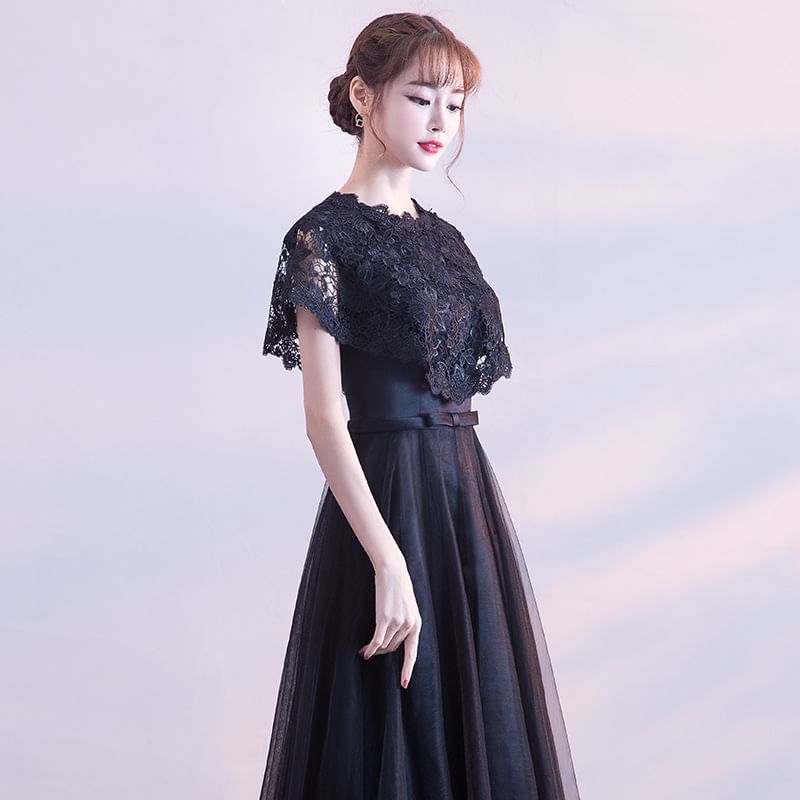 Short Sleeve Round Neck Plain Bow Lace Panel Mesh A-Line Evening Gown