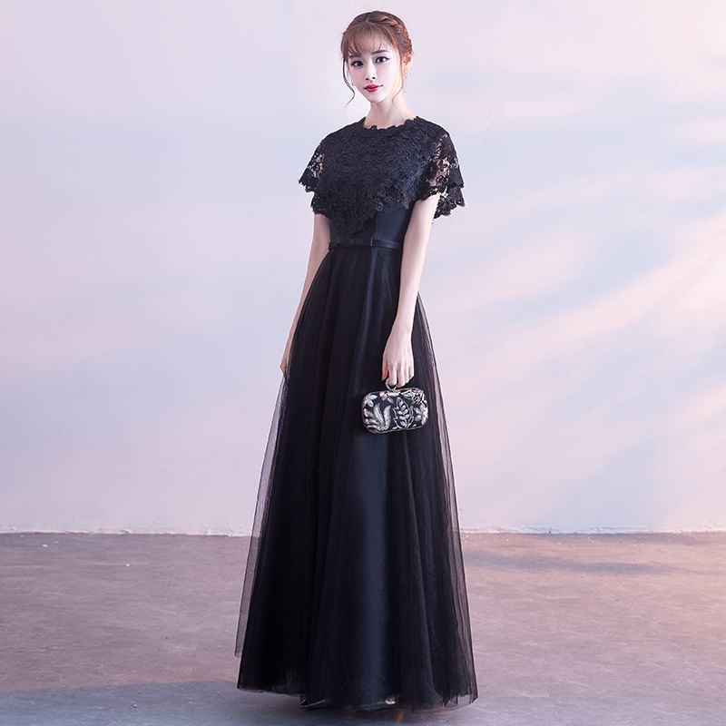 Neck Evening Round Bow Short Gown Lace A-Line Plain Panel Sleeve Mesh