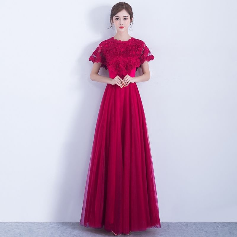 Neck Evening Round Bow Short Gown Lace A-Line Plain Panel Sleeve Mesh