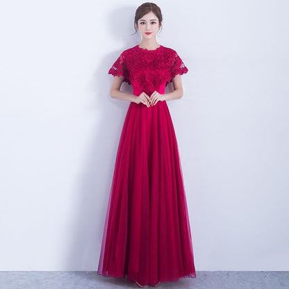 Neck Evening Round Bow Short Gown Lace A-Line Plain Panel Sleeve Mesh