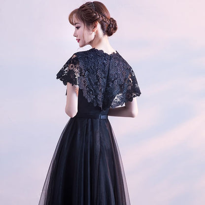 Neck Evening Round Bow Short Gown Lace A-Line Plain Panel Sleeve Mesh