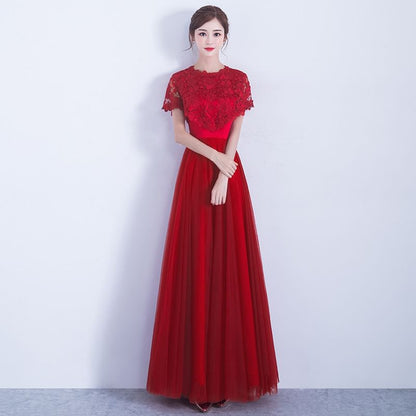Neck Evening Round Bow Short Gown Lace A-Line Plain Panel Sleeve Mesh