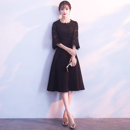 Elbow Sleeve Round Neck Plain Panel Lace A-Line Evening Gown / Midi Cocktail Dress