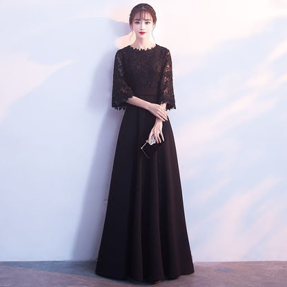 Elbow Sleeve Round Neck Plain Panel Lace A-Line Evening Gown / Midi Cocktail Dress