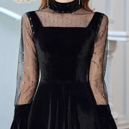 Long Sleeve Stand Collar Plain Mesh Panel Velvet Maxi A-Line Evening Dress