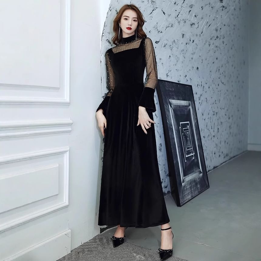Long Sleeve Stand Collar Plain Mesh Panel Velvet Maxi A-Line Evening Dress