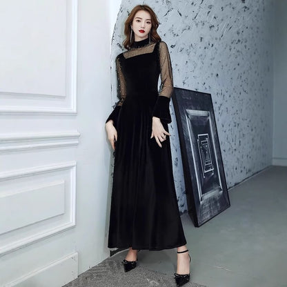 Long Sleeve Stand Collar Plain Mesh Panel Velvet Maxi A-Line Evening Dress