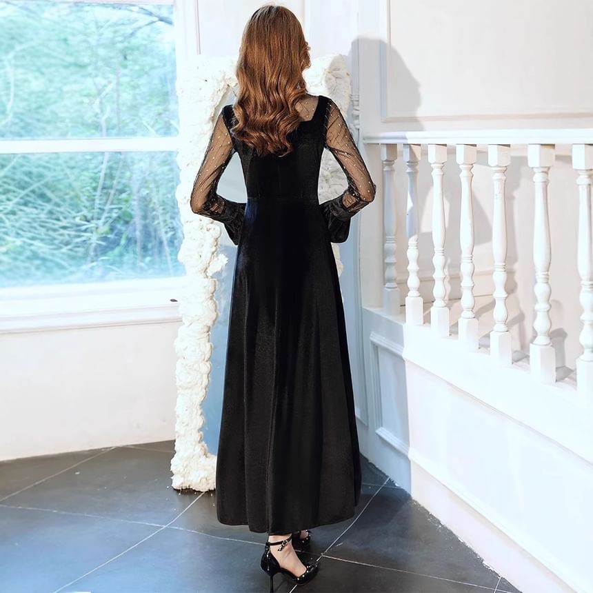 Long Sleeve Stand Collar Plain Mesh Panel Velvet Maxi A-Line Evening Dress