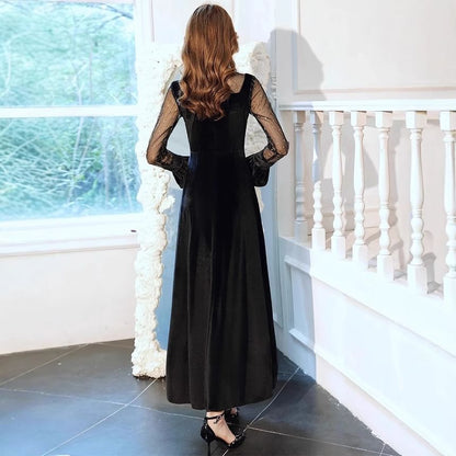 Long Sleeve Stand Collar Plain Mesh Panel Velvet Maxi A-Line Evening Dress
