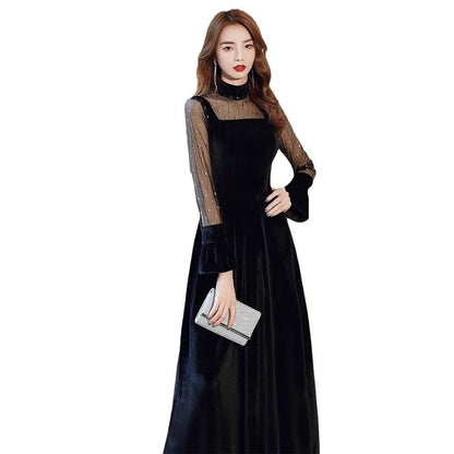 Long Sleeve Stand Collar Plain Mesh Panel Velvet Maxi A-Line Evening Dress