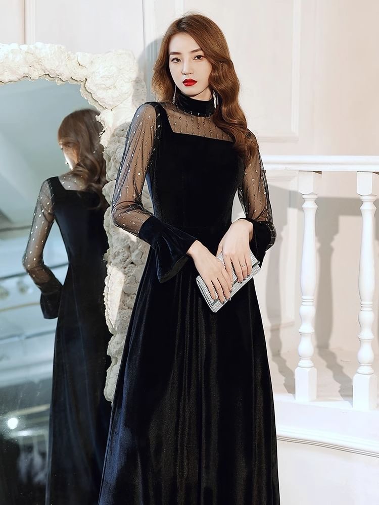 Long Sleeve Stand Collar Plain Mesh Panel Velvet Maxi A-Line Evening Dress