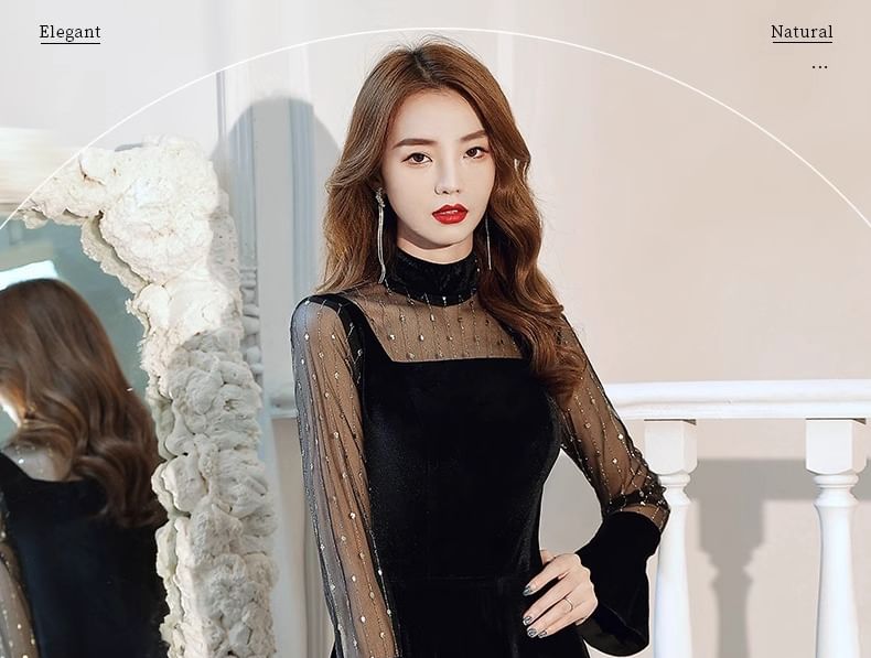 Long Sleeve Stand Collar Plain Mesh Panel Velvet Maxi A-Line Evening Dress