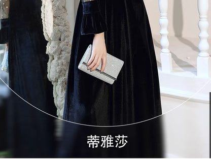 Long Sleeve Stand Collar Plain Mesh Panel Velvet Maxi A-Line Evening Dress