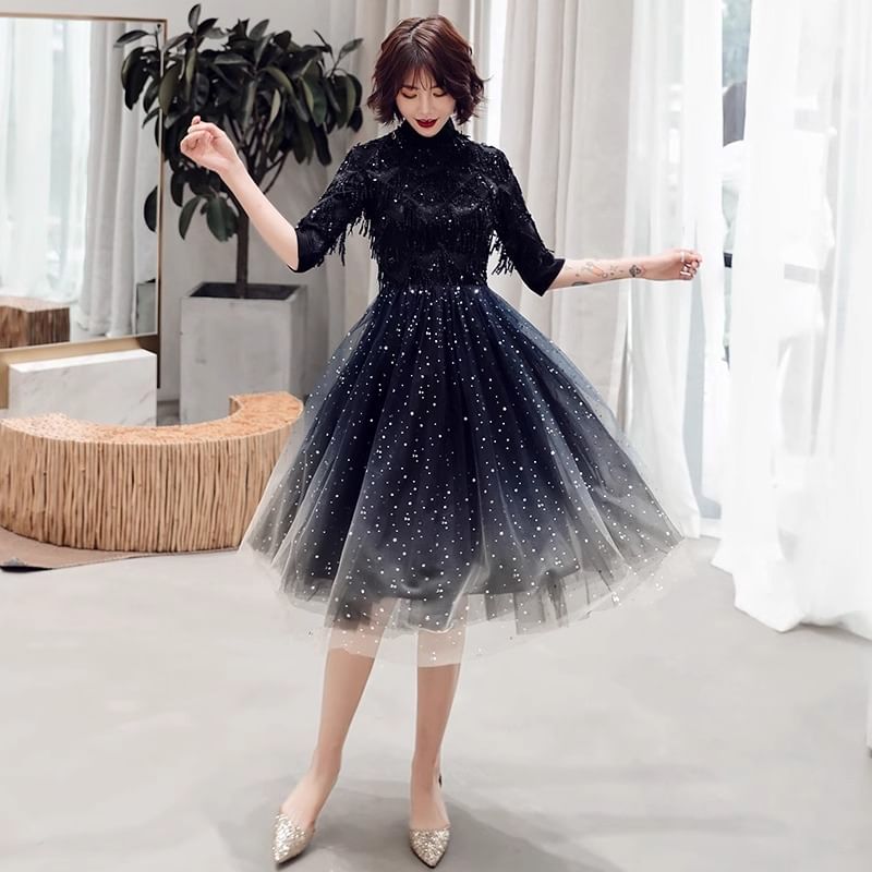 Elbow Sleeve Stand Collar Gradient Sequin Mesh Midi A-Line Cocktail Dress