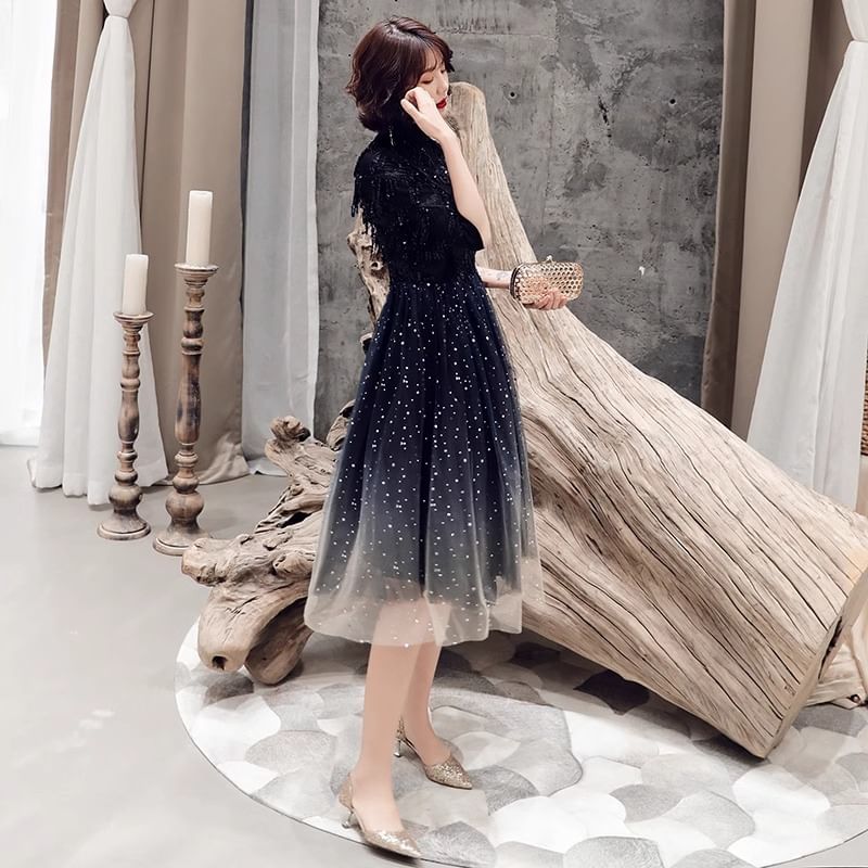 Elbow Sleeve Stand Collar Gradient Sequin Mesh Midi A-Line Cocktail Dress