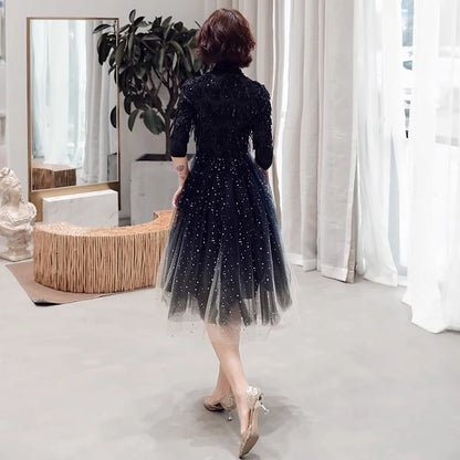 Elbow Sleeve Stand Collar Gradient Sequin Mesh Midi A-Line Cocktail Dress