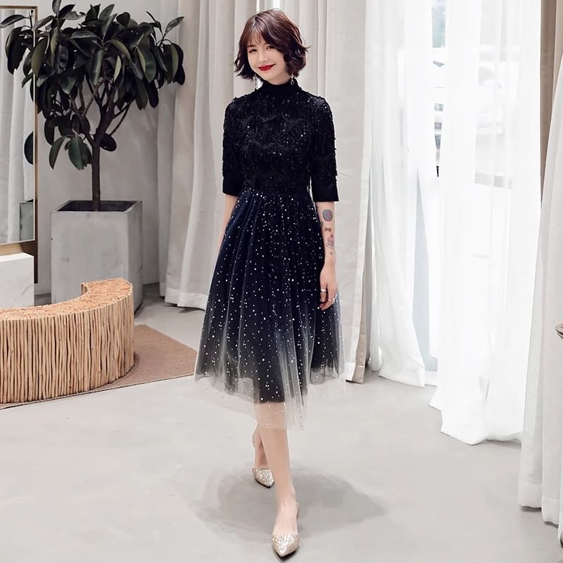 Elbow Sleeve Stand Collar Gradient Sequin Mesh Midi A-Line Cocktail Dress