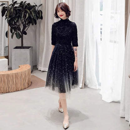 Elbow Sleeve Stand Collar Gradient Sequin Mesh Midi A-Line Cocktail Dress