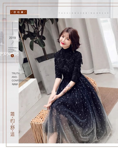 Elbow Sleeve Stand Collar Gradient Sequin Mesh Midi A-Line Cocktail Dress