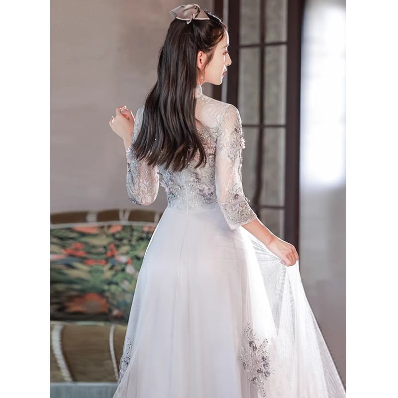 3/4 Sleeve Mandarin Collar Floral Applique Sequin Lace Panel Mesh A-Line Evening Gown