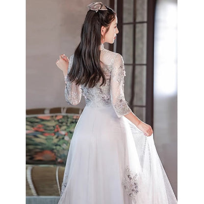 3/4 Sleeve Mandarin Collar Floral Applique Sequin Lace Panel Mesh A-Line Evening Gown