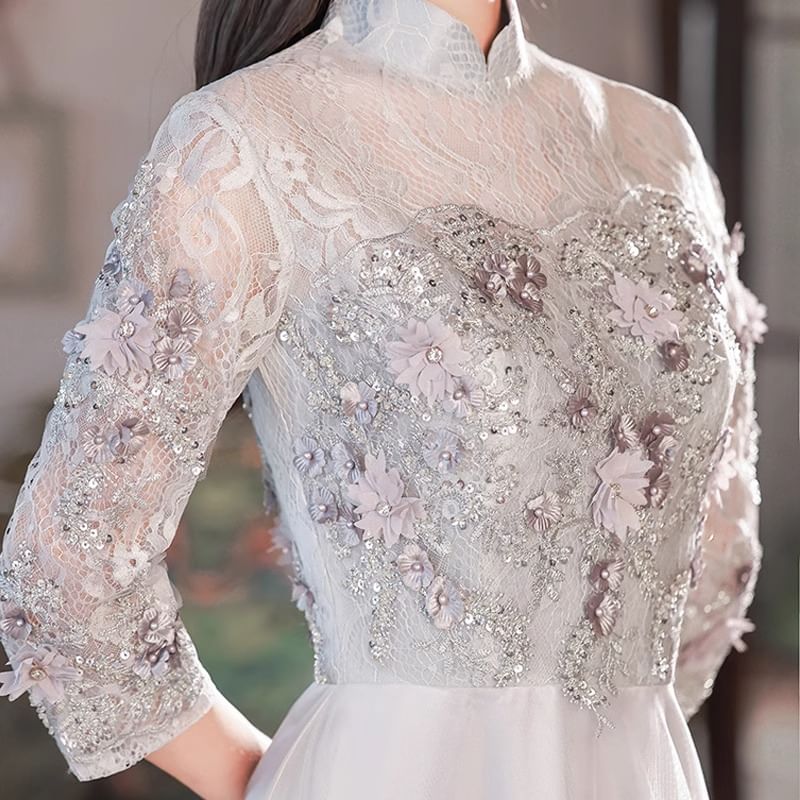 A-Line Mesh Sleeve Collar Mandarin Panel Evening 3/4 Applique Gown Lace Sequin Floral