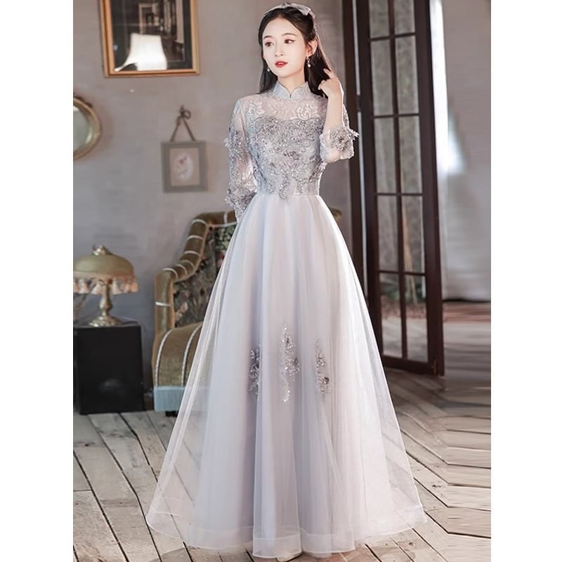 3/4 Sleeve Mandarin Collar Floral Applique Sequin Lace Panel Mesh A-Line Evening Gown