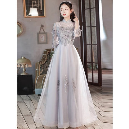 3/4 Sleeve Mandarin Collar Floral Applique Sequin Lace Panel Mesh A-Line Evening Gown