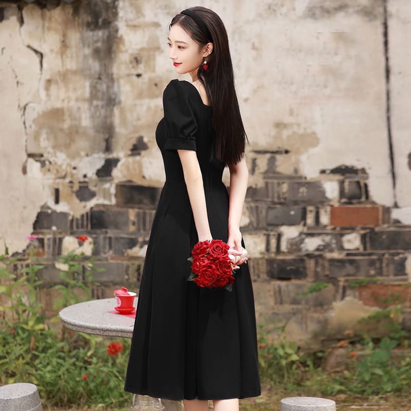 Short Sleeve Sweetheart Neck Plain Maxi A-Line Cocktail Dress