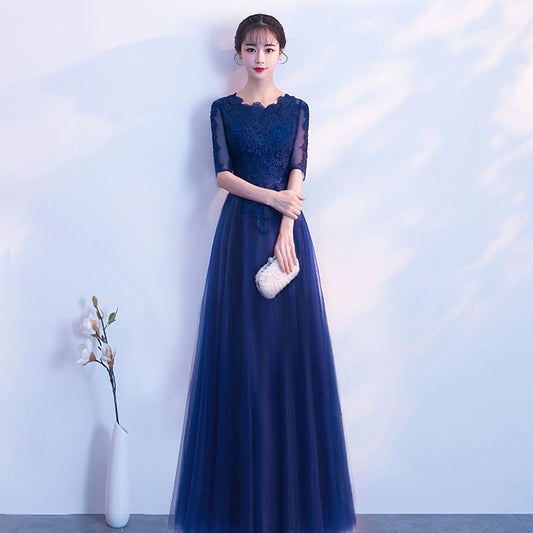 Elbow Sleeve Round Neck Plain Lace Applique Mesh A-Line Evening Gown