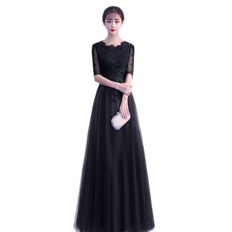 Elbow Sleeve Round Neck Plain Lace Applique Mesh A-Line Evening Gown