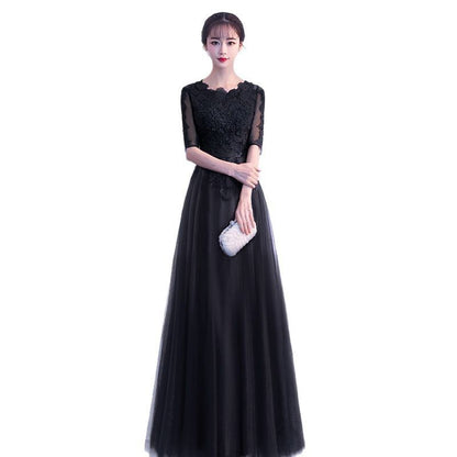 Elbow Sleeve Round Neck Plain Lace Applique Mesh A-Line Evening Gown