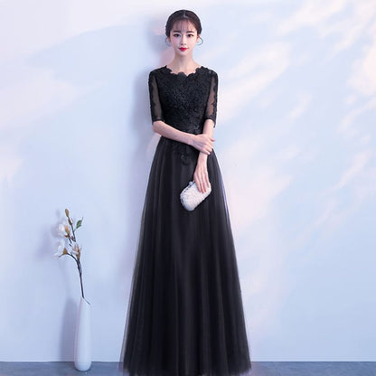 Elbow Sleeve Round Neck Plain Lace Applique Mesh A-Line Evening Gown