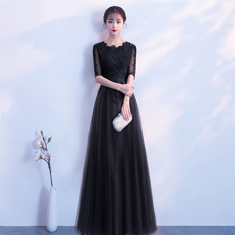 Elbow Sleeve Round Neck Plain Lace Applique Mesh A-Line Evening Gown