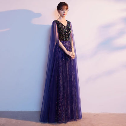Gown Cape A-Line Mesh Sleeve V-Neck Plain Sequin Evening