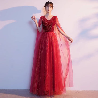Gown Cape A-Line Mesh Sleeve V-Neck Plain Sequin Evening