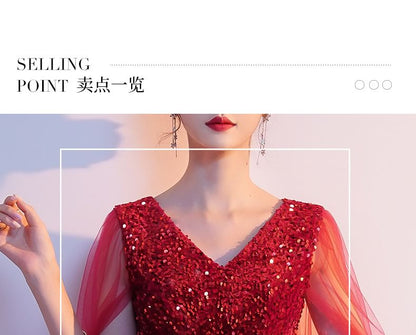 Gown Cape A-Line Mesh Sleeve V-Neck Plain Sequin Evening