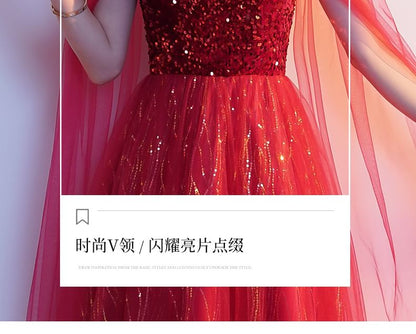 Gown Cape A-Line Mesh Sleeve V-Neck Plain Sequin Evening