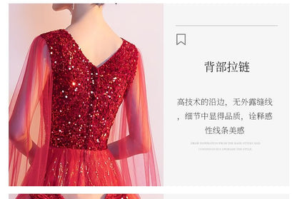 Gown Cape A-Line Mesh Sleeve V-Neck Plain Sequin Evening