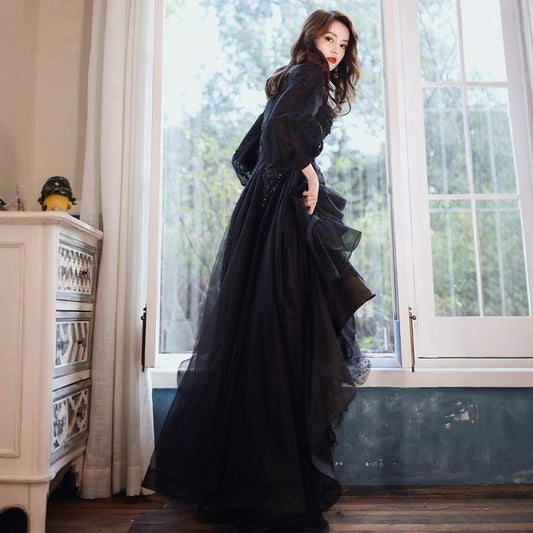 Long Sleeve Round Neck Plain Sequin Mesh A-Line Evening Gown