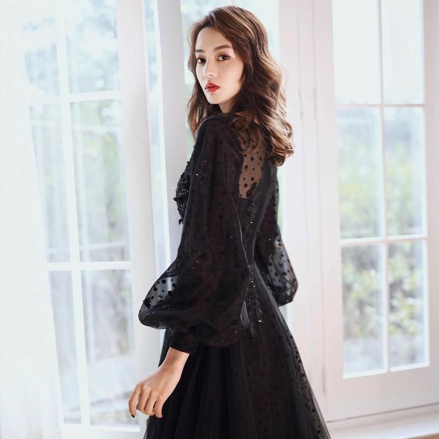 Long Sleeve Round Neck Plain Sequin Mesh A-Line Evening Gown