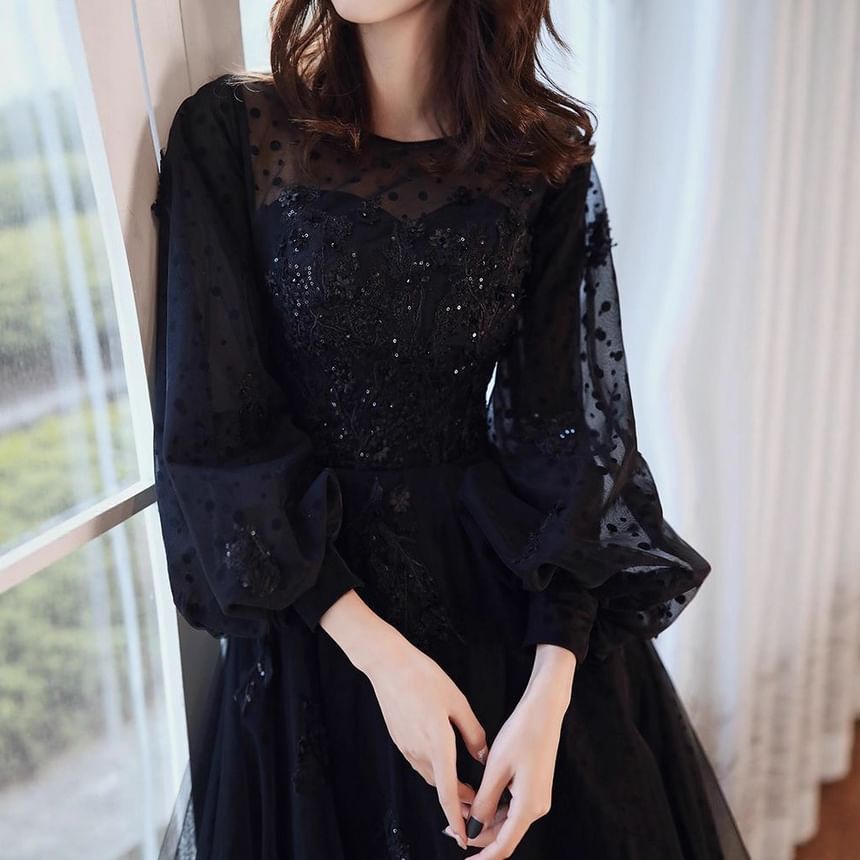 Long Sleeve Round Neck Plain Sequin Mesh A-Line Evening Gown