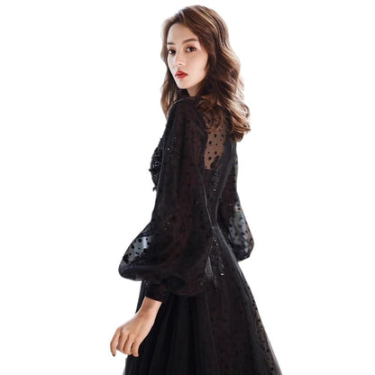 Long Sleeve Round Neck Plain Sequin Mesh A-Line Evening Gown