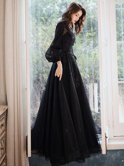 Long Sleeve Round Neck Plain Sequin Mesh A-Line Evening Gown