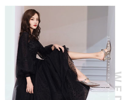 Long Sleeve Round Neck Plain Sequin Mesh A-Line Evening Gown