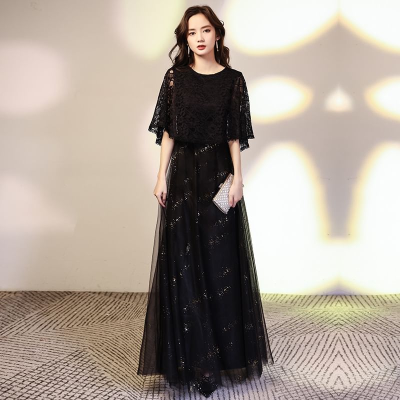 Cape Sleeve Round Neck Plain Glitter Lace Panel Mesh A-Line Evening Gown