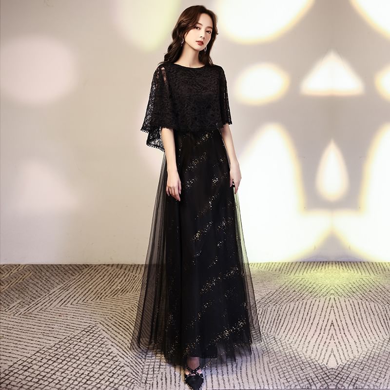 Cape Sleeve Round Neck Plain Glitter Lace Panel Mesh A-Line Evening Gown