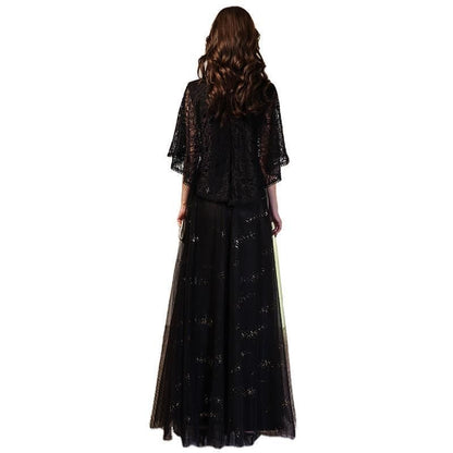 Cape Sleeve Round Neck Plain Glitter Lace Panel Mesh A-Line Evening Gown